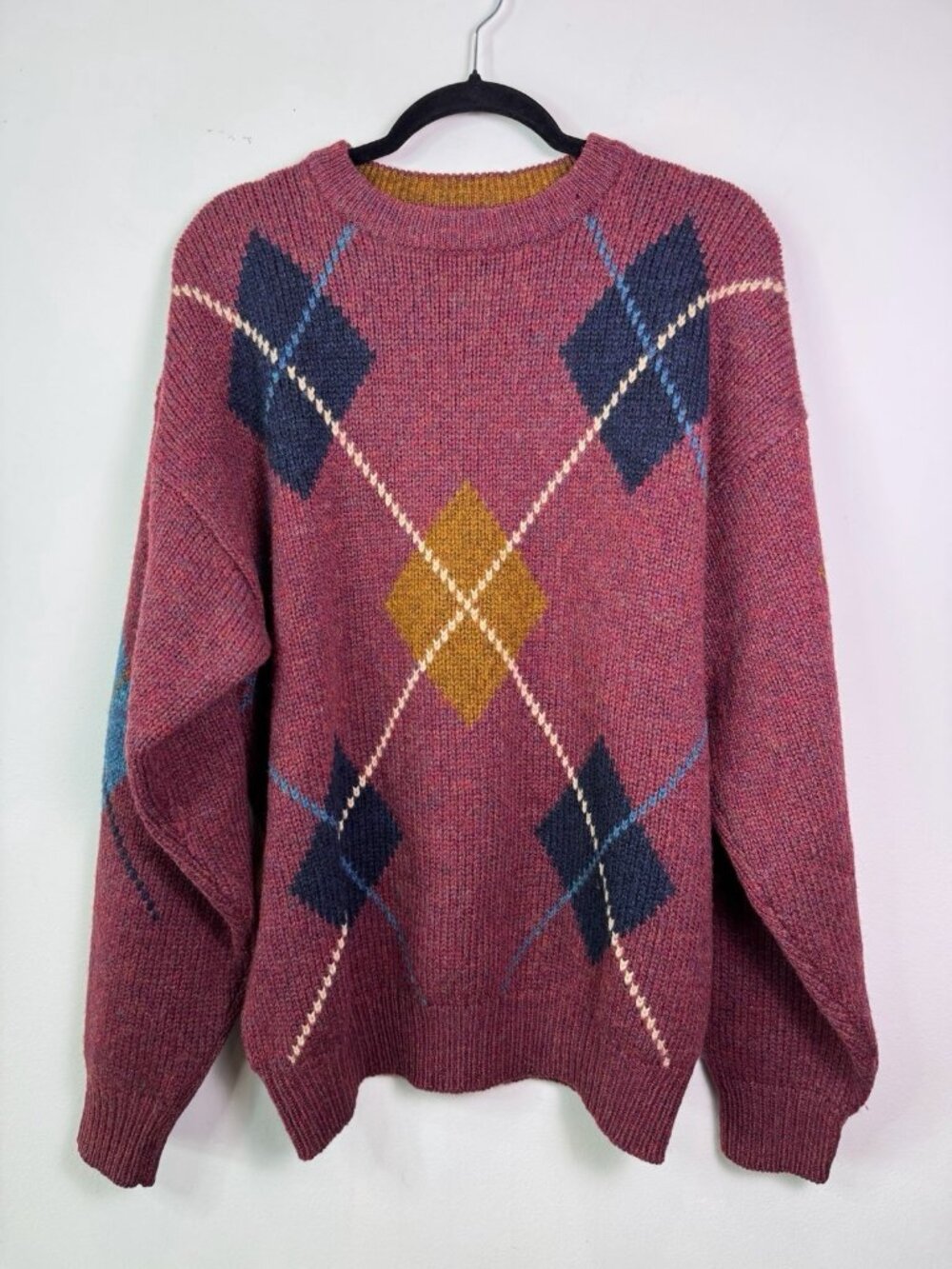 London Fog VTG 80s 100% Scottish Shetland Wool Argyle Diamond Sweater Red L